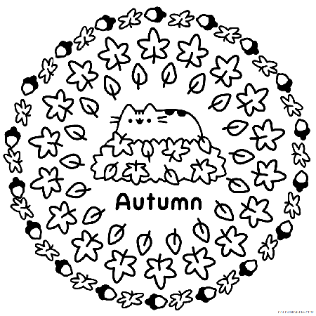 Kolorowanka kotka Pusheen w jesiennych liściach